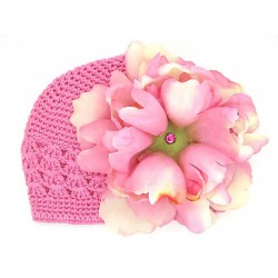 Candy Pink Crochet Hat with Candy Pink Large Peony