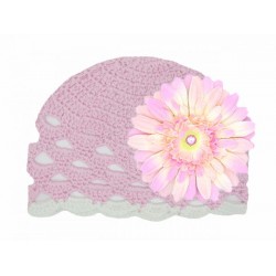 Pale Pink Scalloped Crochet Hat with Pale Pink Daisy
