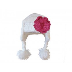White Winter Wimple Hat with Sequins Raspberry Rose